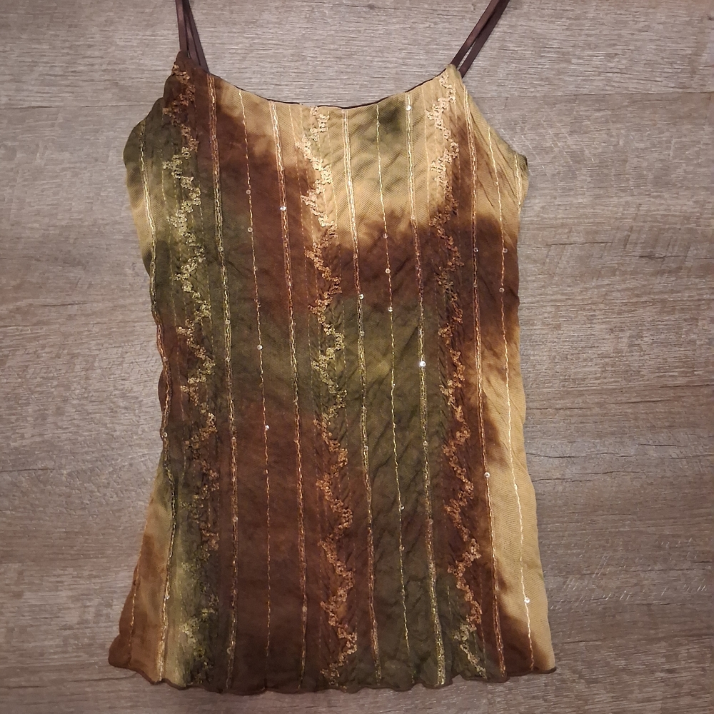 Vix Olive Green and Brown Textured Silk Camisole with Spaghetti Straps